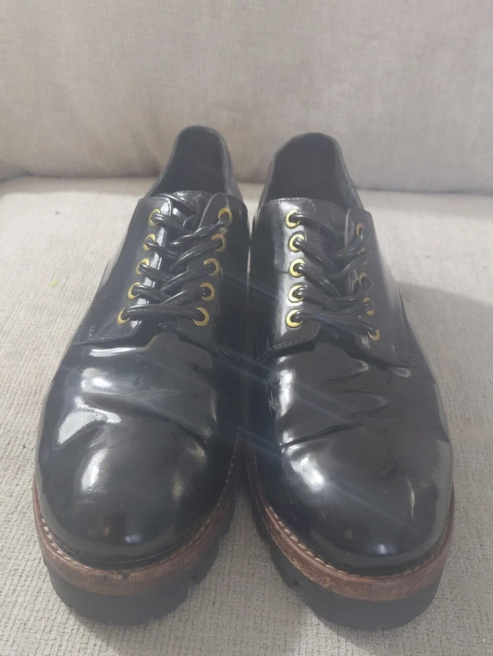 Jeffrey Campbell Black Patent Leather Lace-Up Lug Sole Oxfords Size 9.5